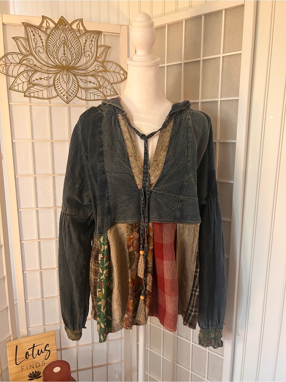 Young Threads Boho Patchwork Denim Hooded Pullover Top Medium